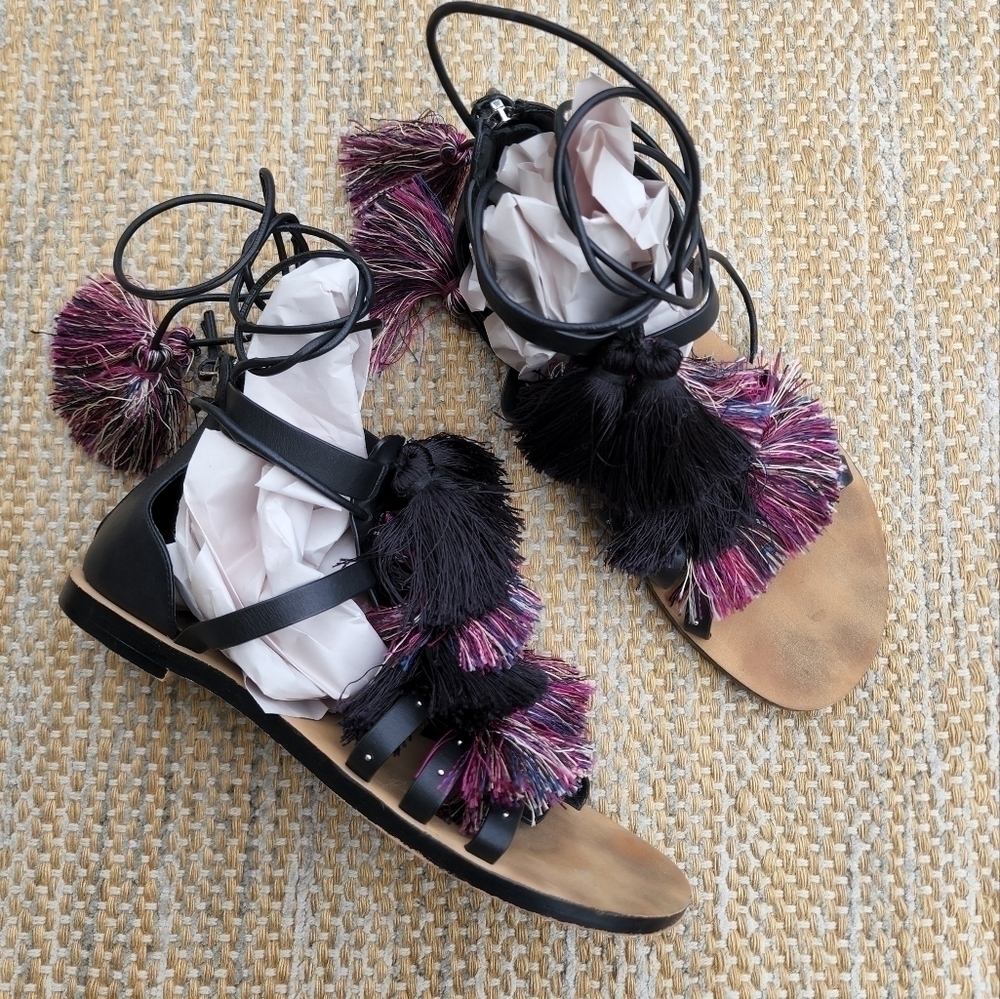 Rebecca Minkoff Elisha Tassle Zip Leather Lace Up Sandals 8.5
